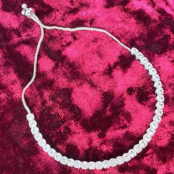 Slider Tennis Bracelet Sterling Overlay Adjustable Made with Swarovski Crystals - Picture 2 of 13